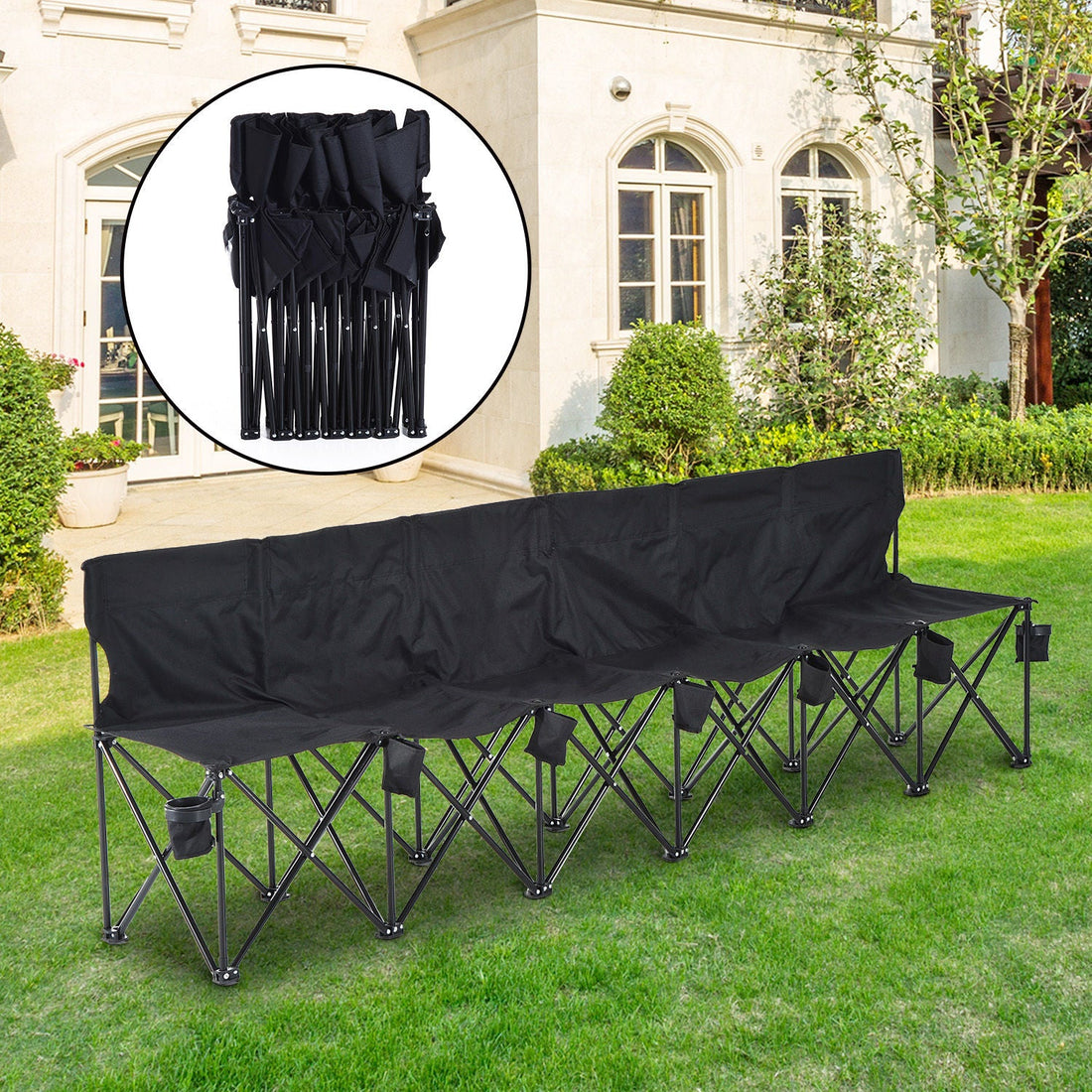 6 Seater Folding Camping Chair with Cup Holder & Carry Bag - Black