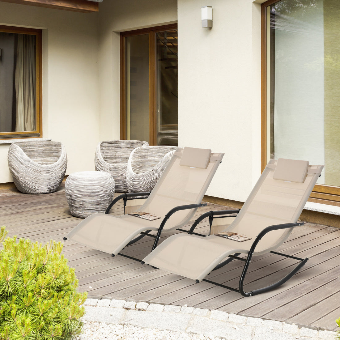 2PCs Outdoor Garden Rocking Chair, Patio Sun Lounger Rocker Chair with Breathable Mesh Fabric, Removable Headrest Pillow, Armrest, Side Storage Bag, Cream White