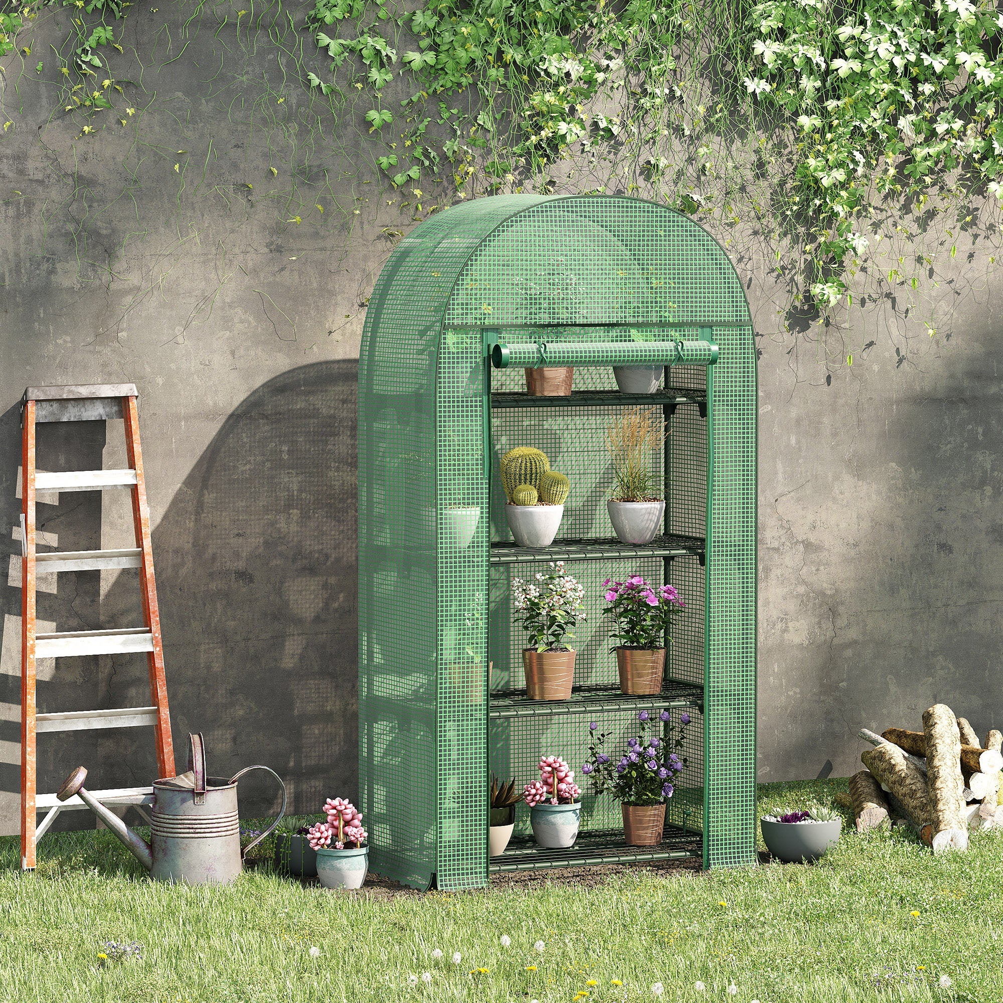 4 Tier Mini Greenhouse for Outdoor, Portable Gardening Plant Green House with Storage Shelf, Roll-Up Zipped Door, Metal Frame and PE Cover, 80 x 49 x 160cm, Green