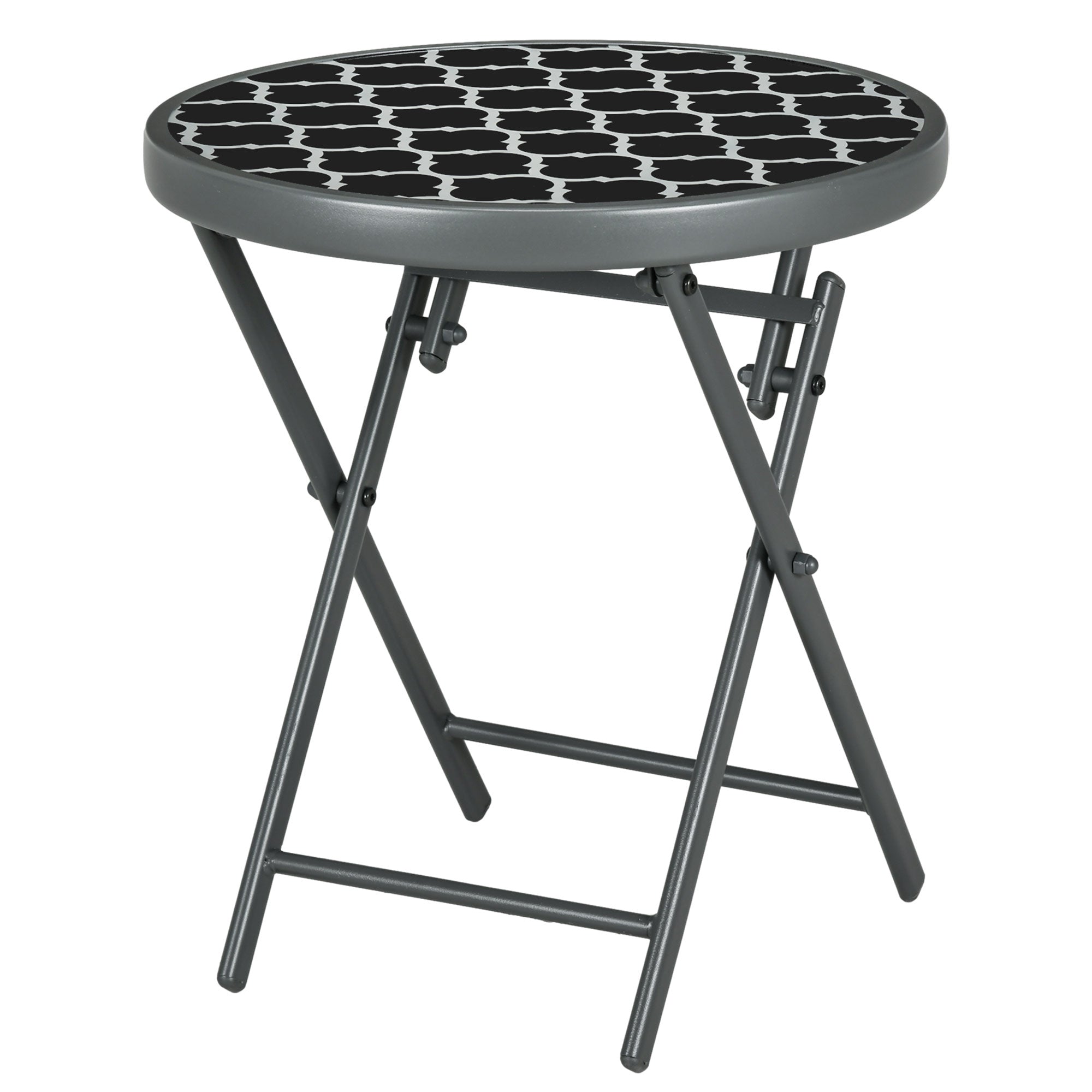 Φ45cm Garden Side Table, Outdoor Round Folding Patio Table with Imitation Marble Glass Top, Small Coffee Table, Black and White