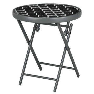 Φ45cm Garden Side Table, Outdoor Round Folding Patio Table with Imitation Marble Glass Top, Small Coffee Table, Black and White