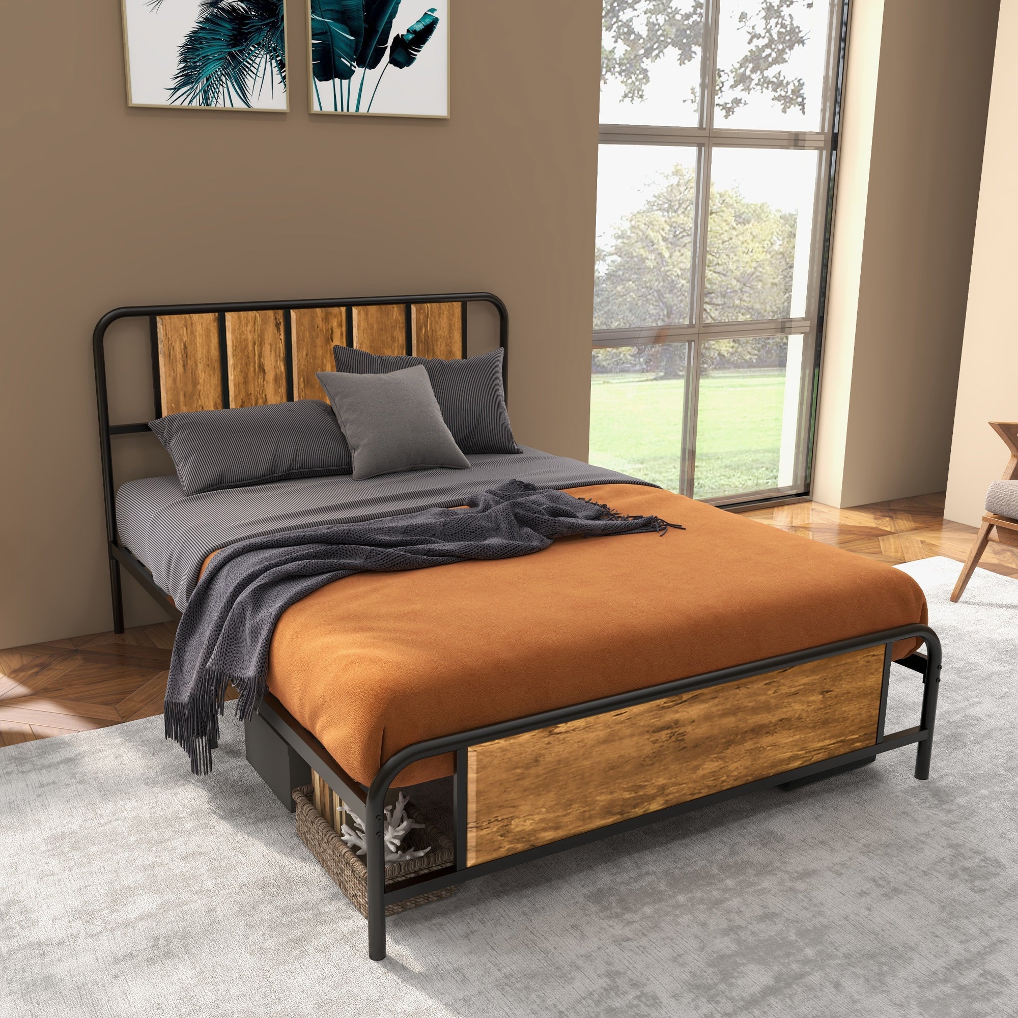 5.2ft King Bed Frame with Industrial Wood Headboard, Steel Slat Support and 31cm Underbed Storage Space, 160 x 207cm, Rustic Brown