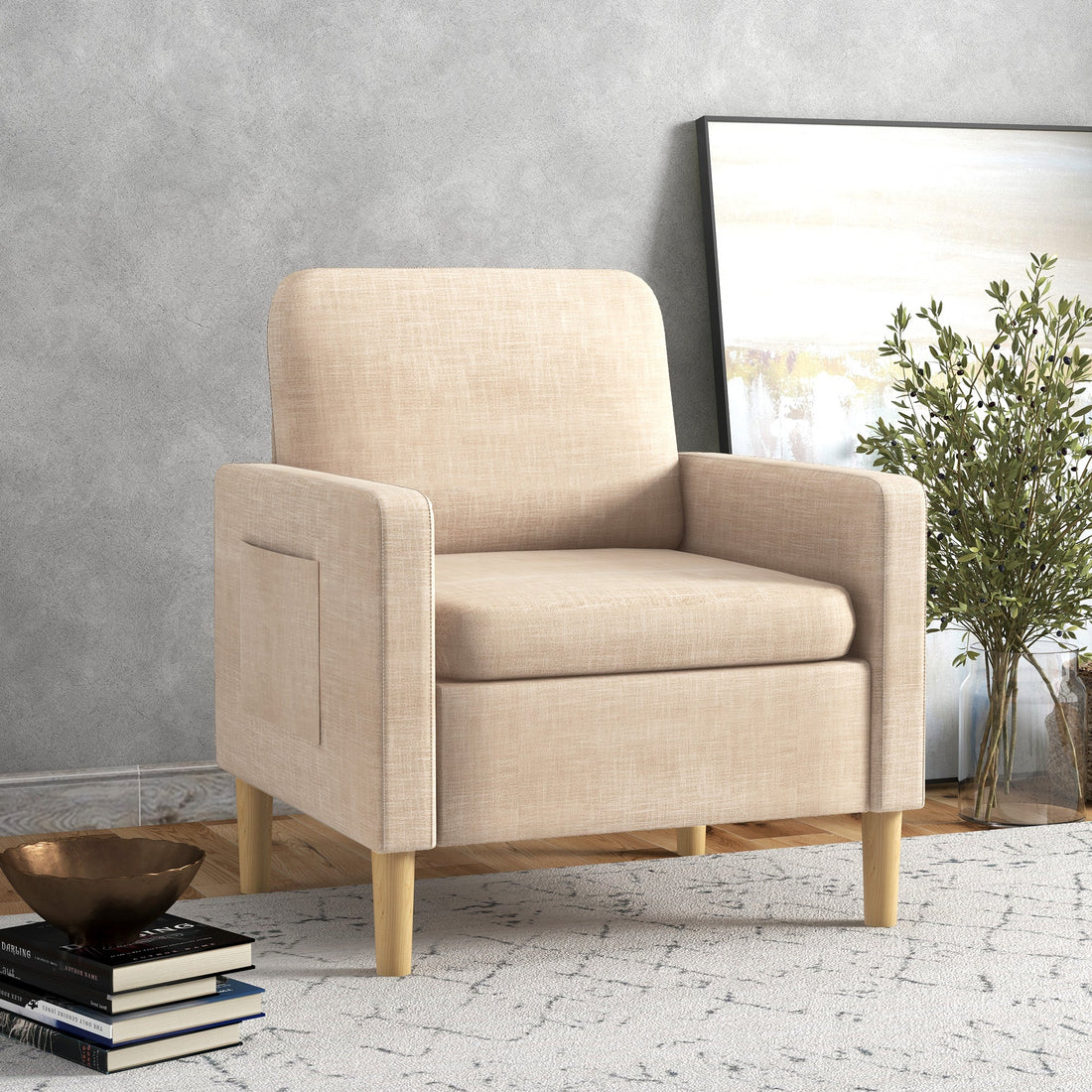 Modern Accent Chair, Comfy Fireside Chair, Upholstered Armchair for Living Room, Bedroom, Home Office, Beige