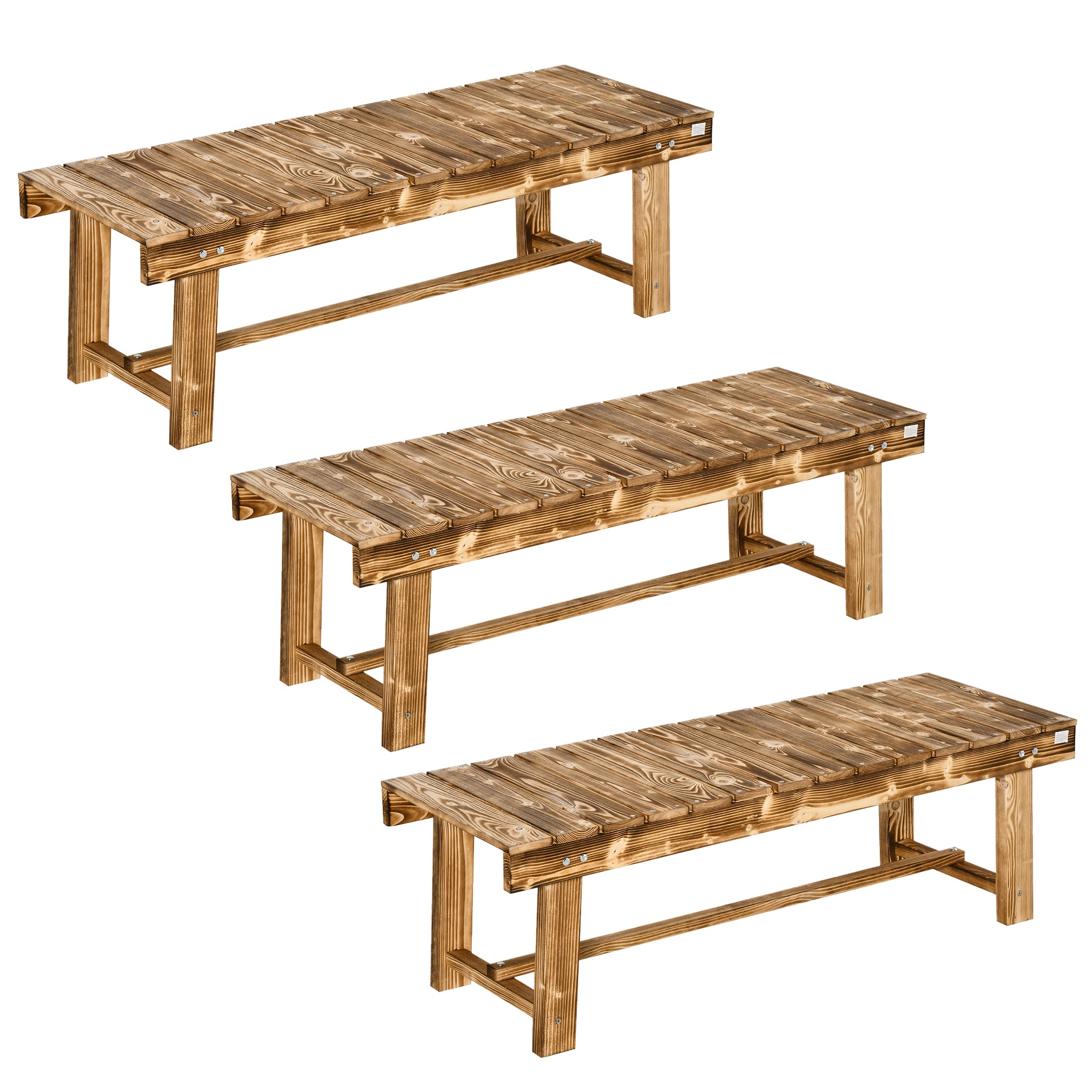 3 Pieces 2-seater Outdoor Indoor Wooden Garden Bench Fir Patio Loveseat, 110L x 38W x 35Hcm, Carbonised