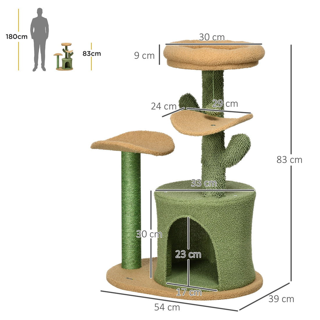 Multi Level Cat Tree, with Scratching Post, Toy Ball, Cat House, Bed - Green