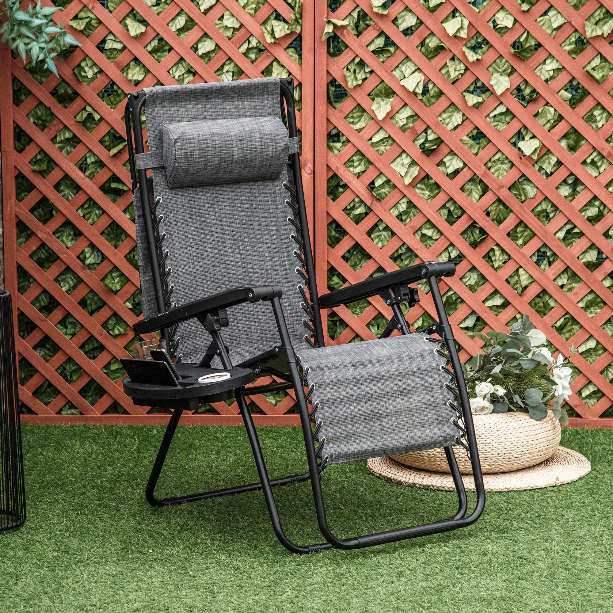 Foldable Reclining Garden Chair with Headrest, Zero Gravity Deck Sun Lounger Seat Chair with Footrest, Armrest, Cup Holder & Canopy Shade, Light Grey