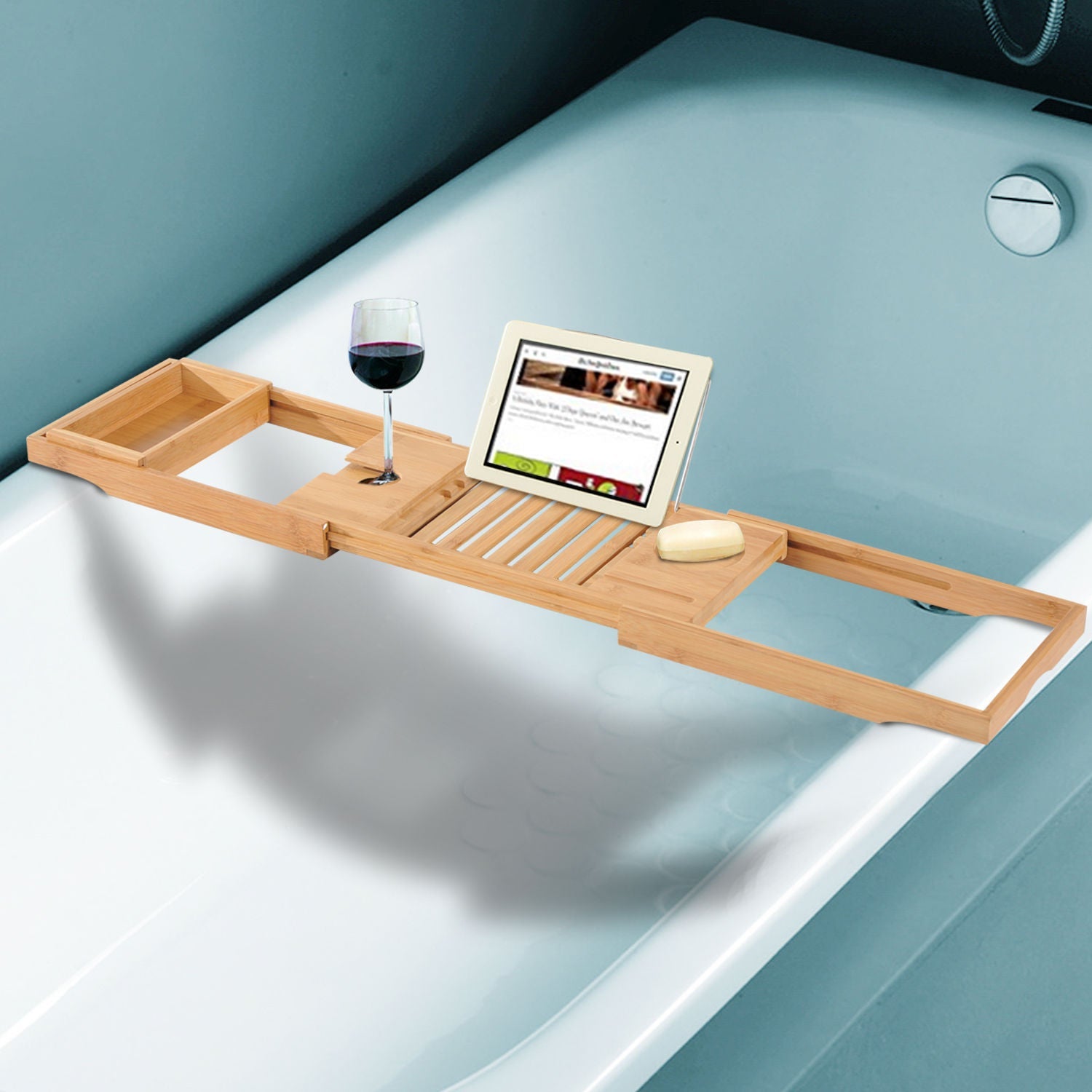 Extendable Bamboo Bathtub Shelf Rack Bath Caddy Tray Bathroom Storage