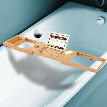 Extendable Bamboo Bathtub Shelf Rack Bath Caddy Tray Bathroom Storage