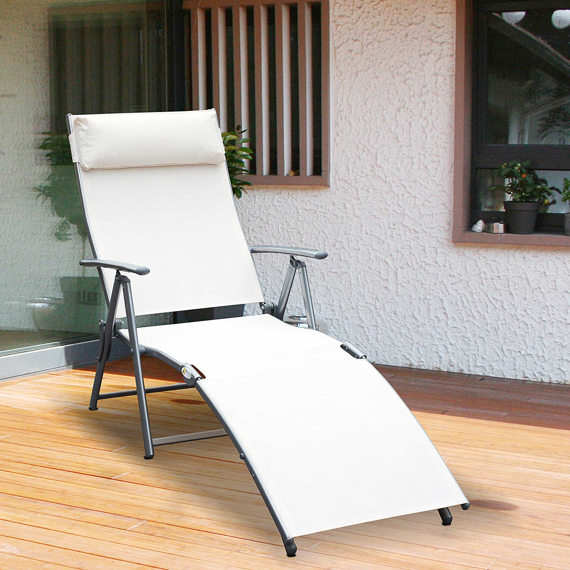 Sun Lounger Steel Frame Outdoor Folding Chaise Texteline Lounge Chair Recliner with Headrest & 7 Levels Adjustable Backrest, Cream White