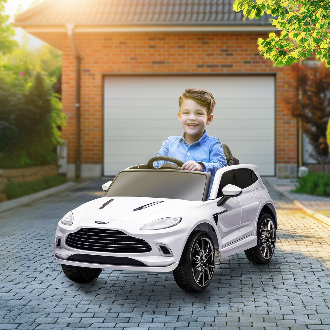 Aston Martin DBX Licensed Battery Powered Kids Electric Car, 12V Kids Ride on Car w/ Lights, Music Horn, White