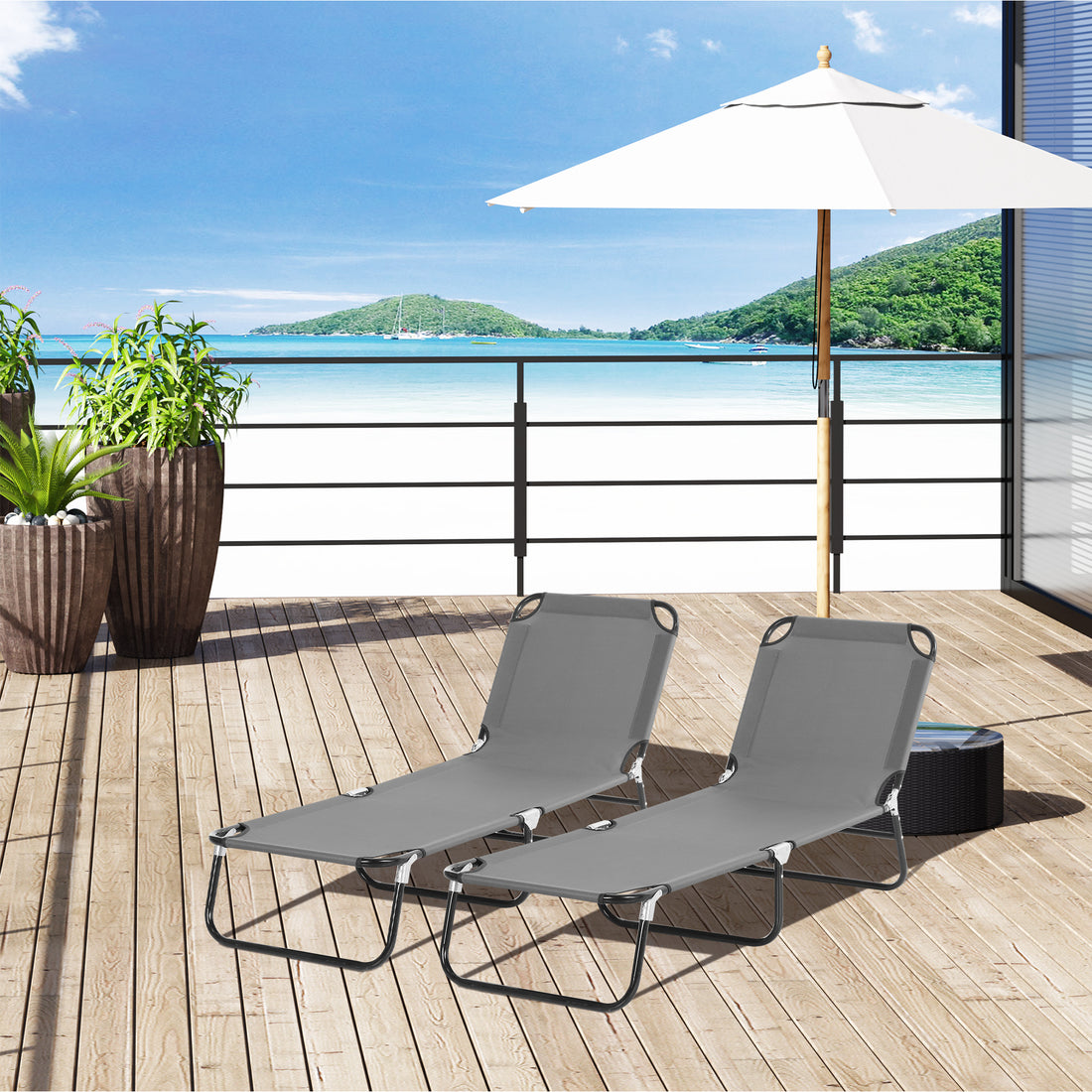 2 Piece Foldable Sun Loungers with 5-Position Adjustable Backrest, Outdoor Portable Recliner Chaise Lounge Chairs with Breathable Mesh Fabric, Grey