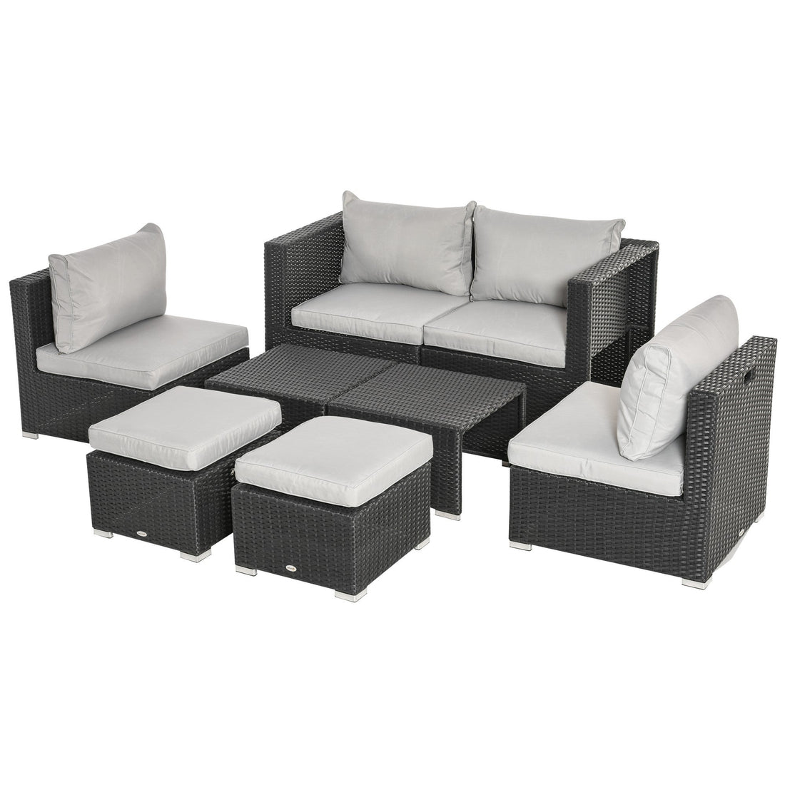8 Pieces PE Rattan Sofa Set with Cushions, Garden Corner Sofa with 4 Seater Sofa, 2 Footstools and 2 Coffee Table Set, Space-saving Design, No Assembly Required, Black