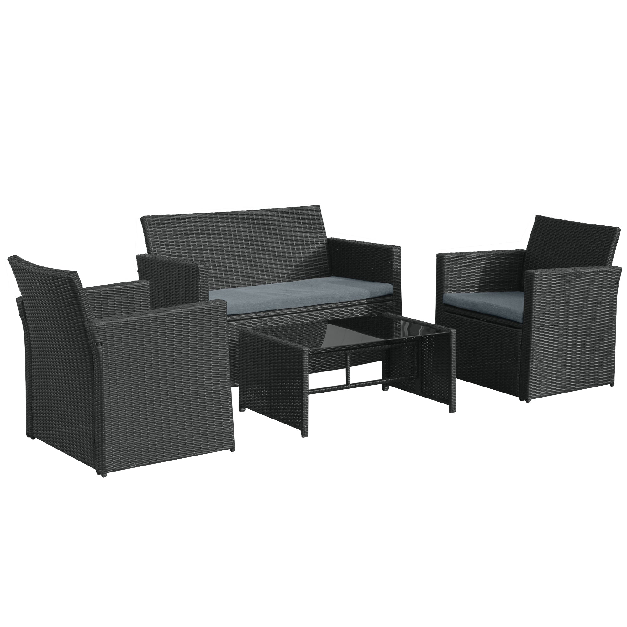 4 Pieces PE Rattan Garden Sofa Set with Cushions, Outdoor Patio Wicker Weave Conservatory Furniture Set with a Loveseat, 2 Armchairs and a Glass Top Coffee Table, Black