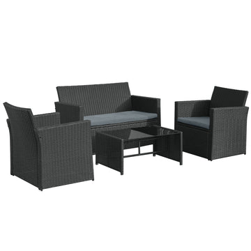 4 Pieces PE Rattan Garden Sofa Set with Cushions, Outdoor Patio Wicker Weave Conservatory Furniture Set with a Loveseat, 2 Armchairs and a Glass Top Coffee Table, Black