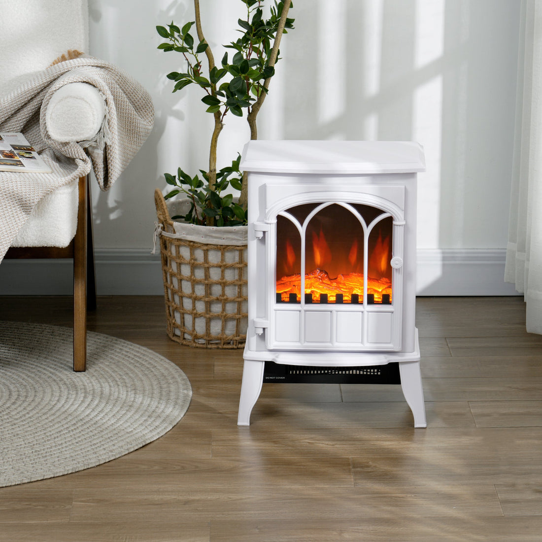 Freestanding Electric Fireplace, Electric Log Burner with LED Flame Effect, Overheating Safety System, 1000W/2000W White
