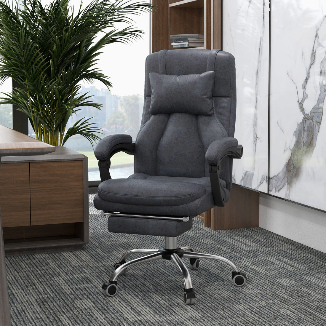 Office Chair with Lumbar Massage, 135° Reclining Computer Chair with Adjustable Headrest, Retractable Footrest, 10cm Double Padded Seat, Microfiber Fabric, Metal Base, Dark Grey