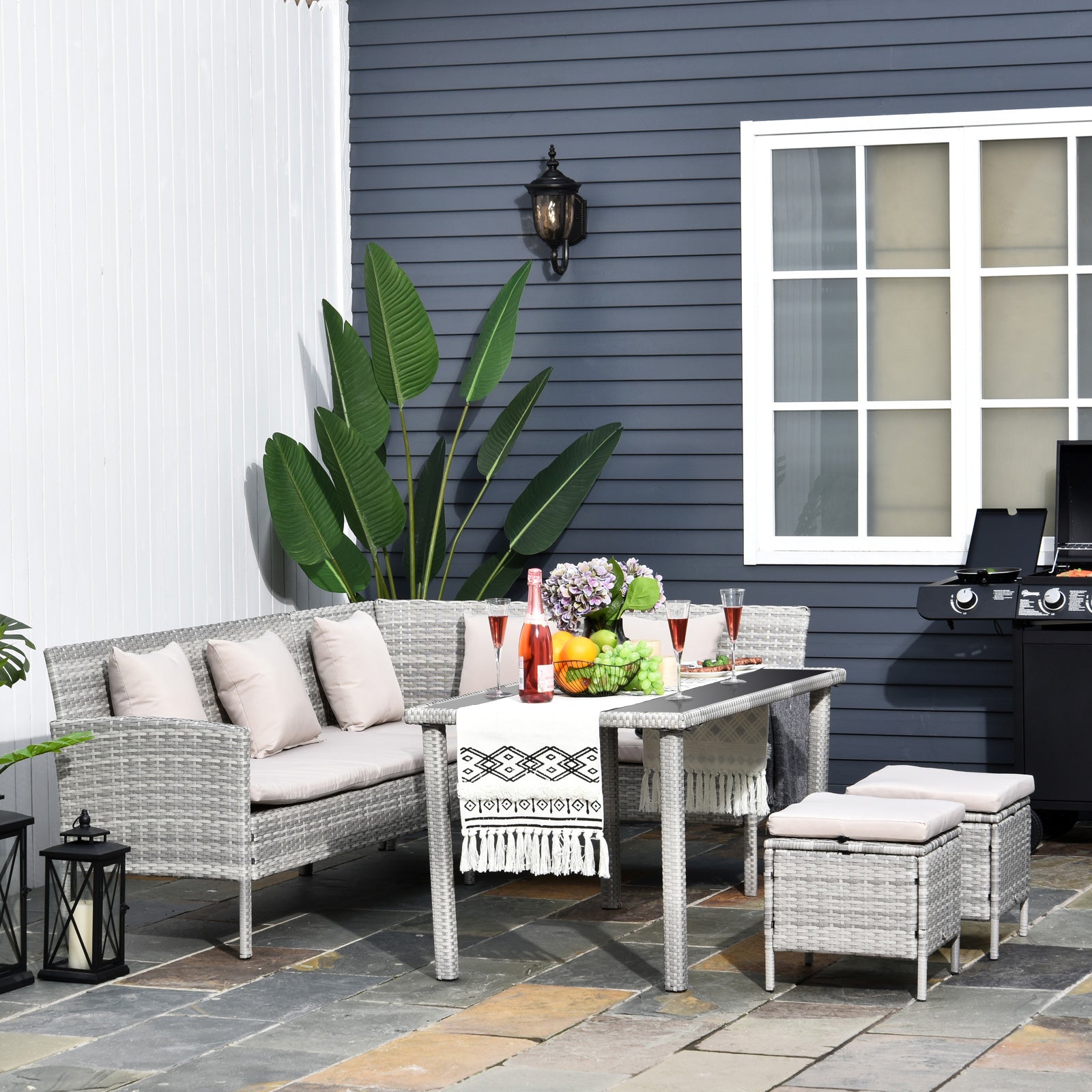 6-Seater Rattan Dining Set Sofa Table Footstool Outdoor w/ Cushion Garden Furniture