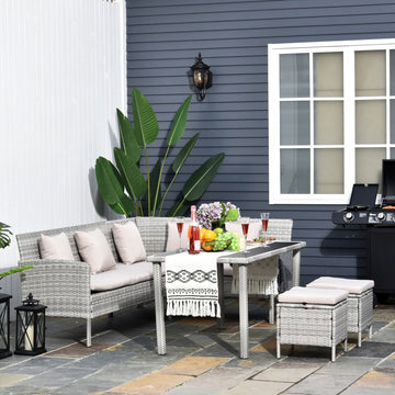 6-Seater Rattan Dining Set Sofa Table Footstool Outdoor w/ Cushion Garden Furniture