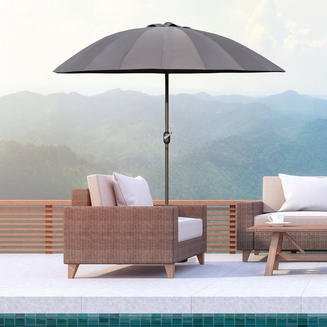 2.5m Shanghai Garden Parasol Umbrella with Crank & Tilt, Adjustable Outdoor Sun Shade, Grey