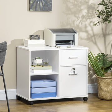 Filing Cabinet with Wheels, Mobile Printer Stand with Open Shelves and Lockable Drawer for A4 Size Documents, White