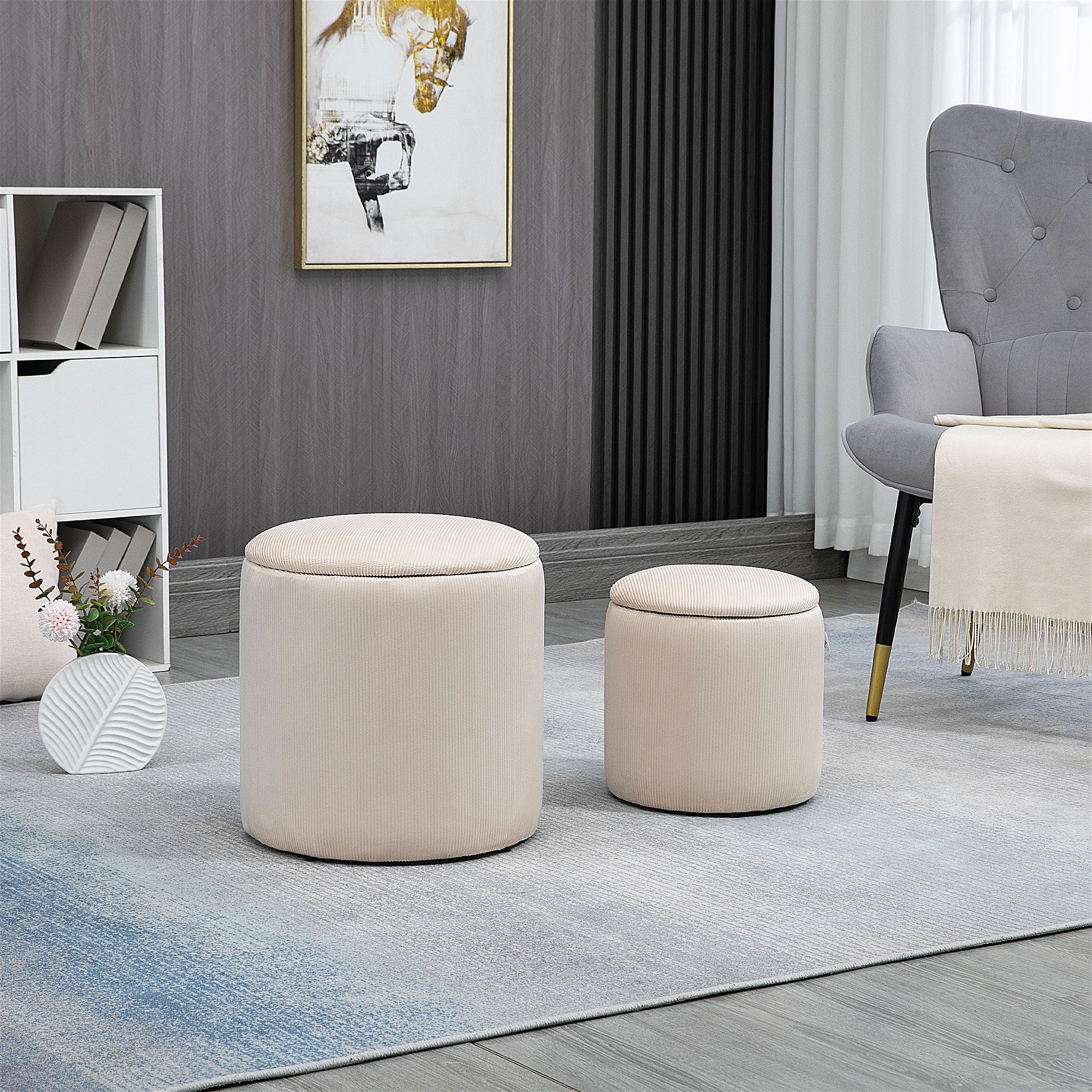Modern Fabric Storage Ottoman with Removable Lid, Dressing Table Stool, Footstool, Set of 2, Cream White