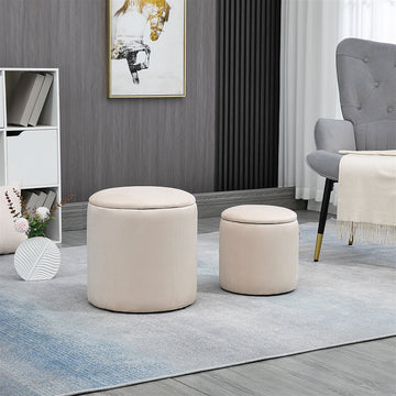 Modern Fabric Storage Ottoman with Removable Lid, Dressing Table Stool, Footstool, Set of 2, Cream White