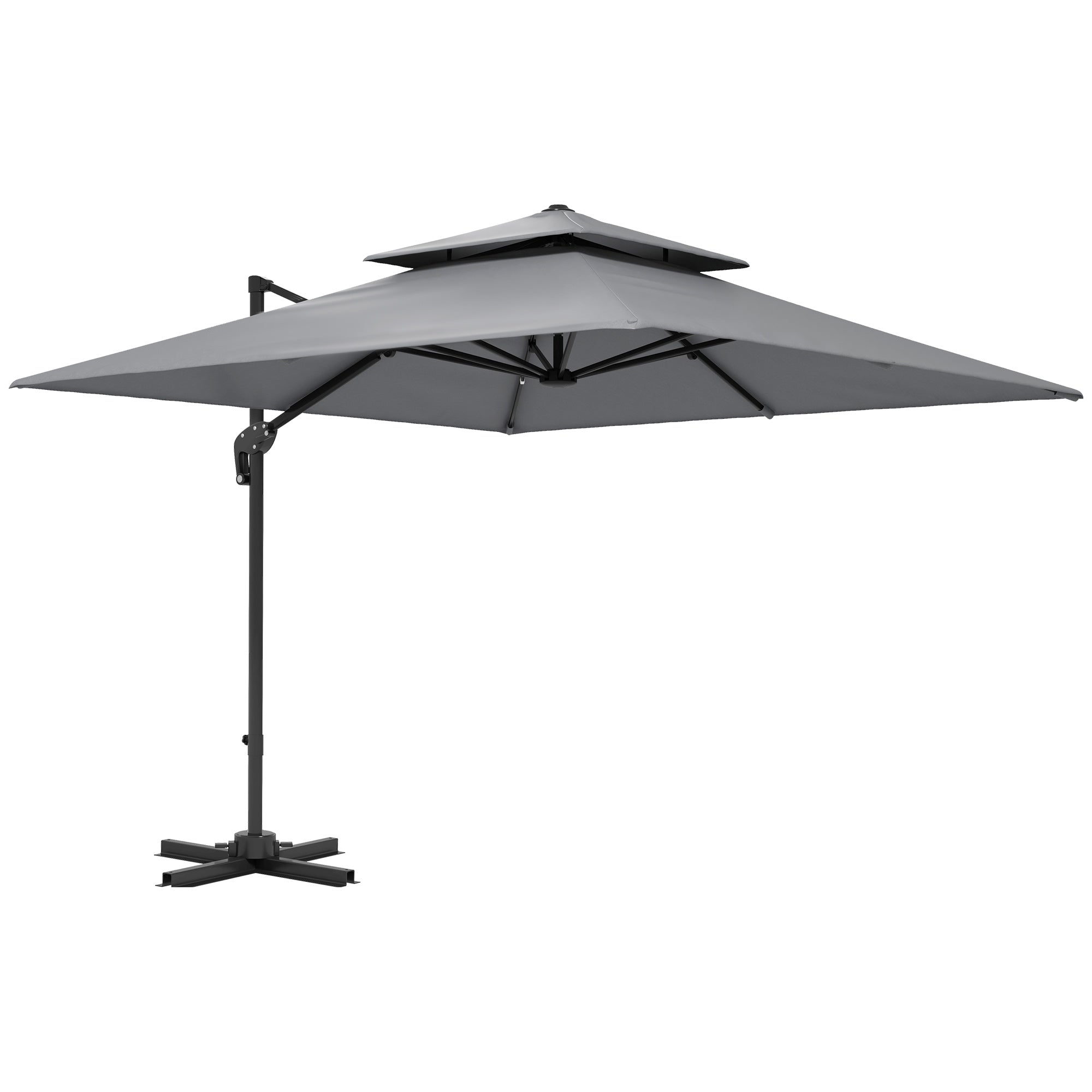 3 x 3(m) Cantilever Parasol with Aluminium Frame, Crank and Tilt, 360° Rotation, Double Top Garden Umbrella with Base and Cover, Light Grey