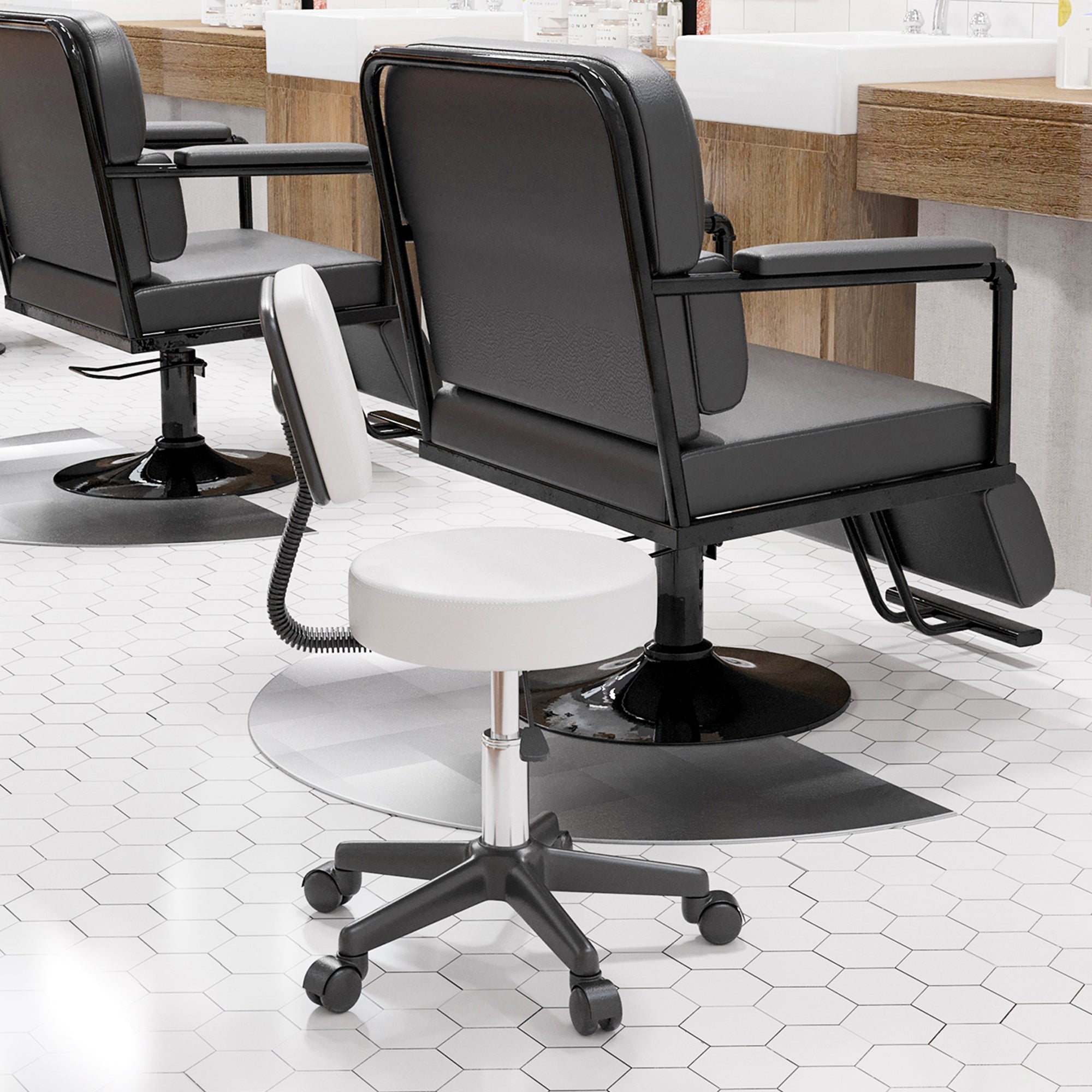 Beautician's Swivel Salon Chair w/ Padded Seat Back 5 Wheels Adjustable Height Salon Hairdressers Tattoo Spa Rolling Cushion Professional 48cm White