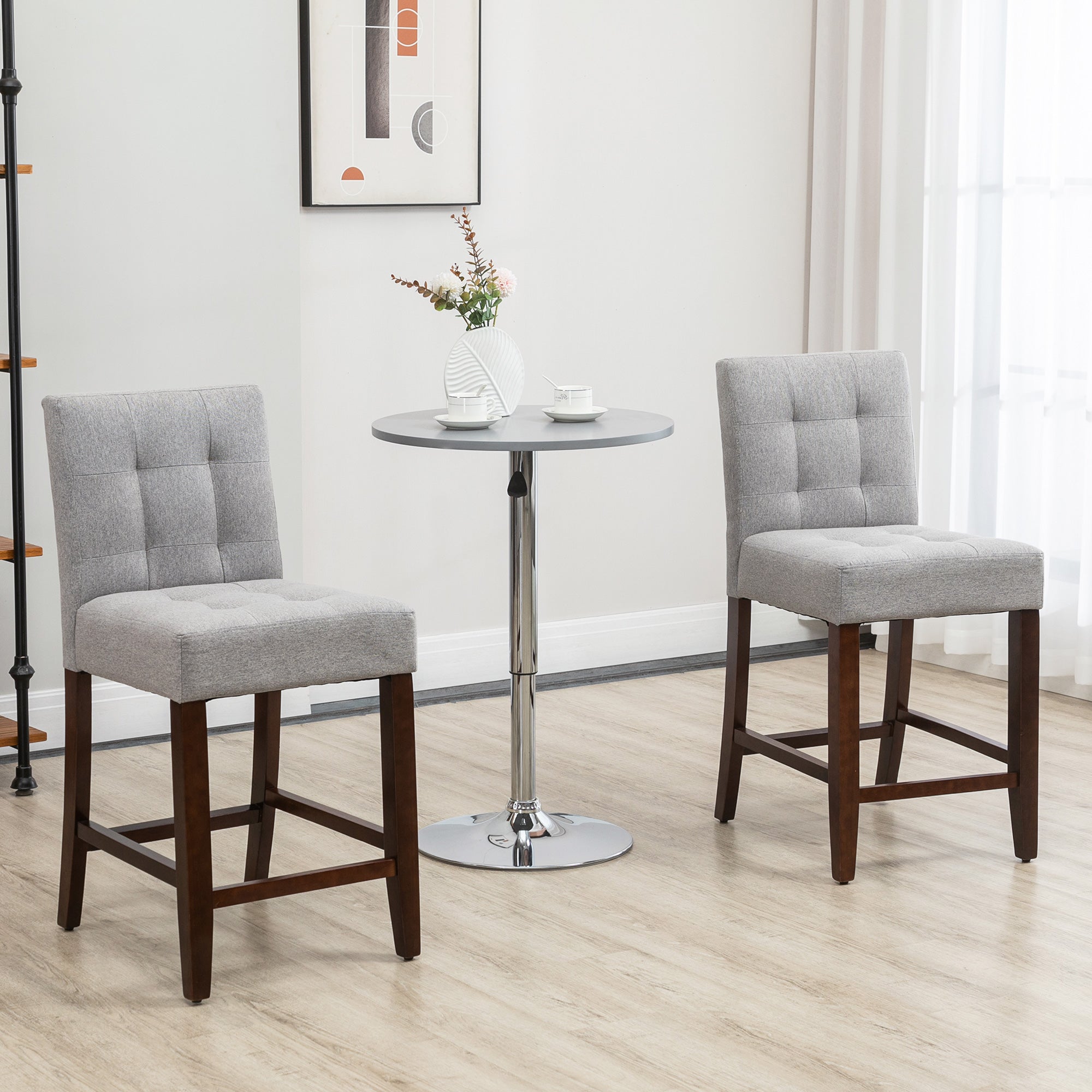 Modern Fabric Bar Stools Set of 2, Thick Padding Kitchen Stool, Bar Chairs with Tufted Back, Wood Legs, Grey