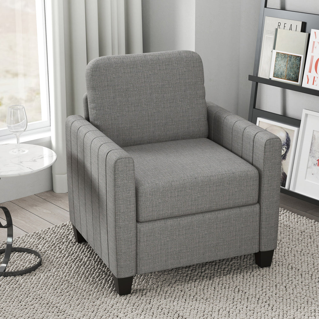Modern Boxy Linen-Look Armchair - Light Grey