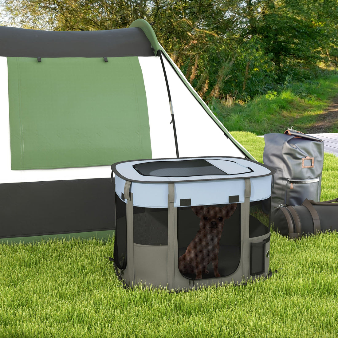 Foldable Dog Pen with Storage Bag for Indoor/Outdoor Use, Portable Pet playpen, with Ground Stakes - Grey