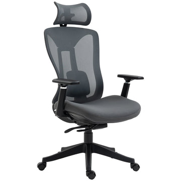 Mesh Office Chair, Ergonomic Desk Chair, Computer Chair with Adjustable Headrest and Lumbar Support, 135° Reclining Back and 3D Armrest for Home Office Study, Grey