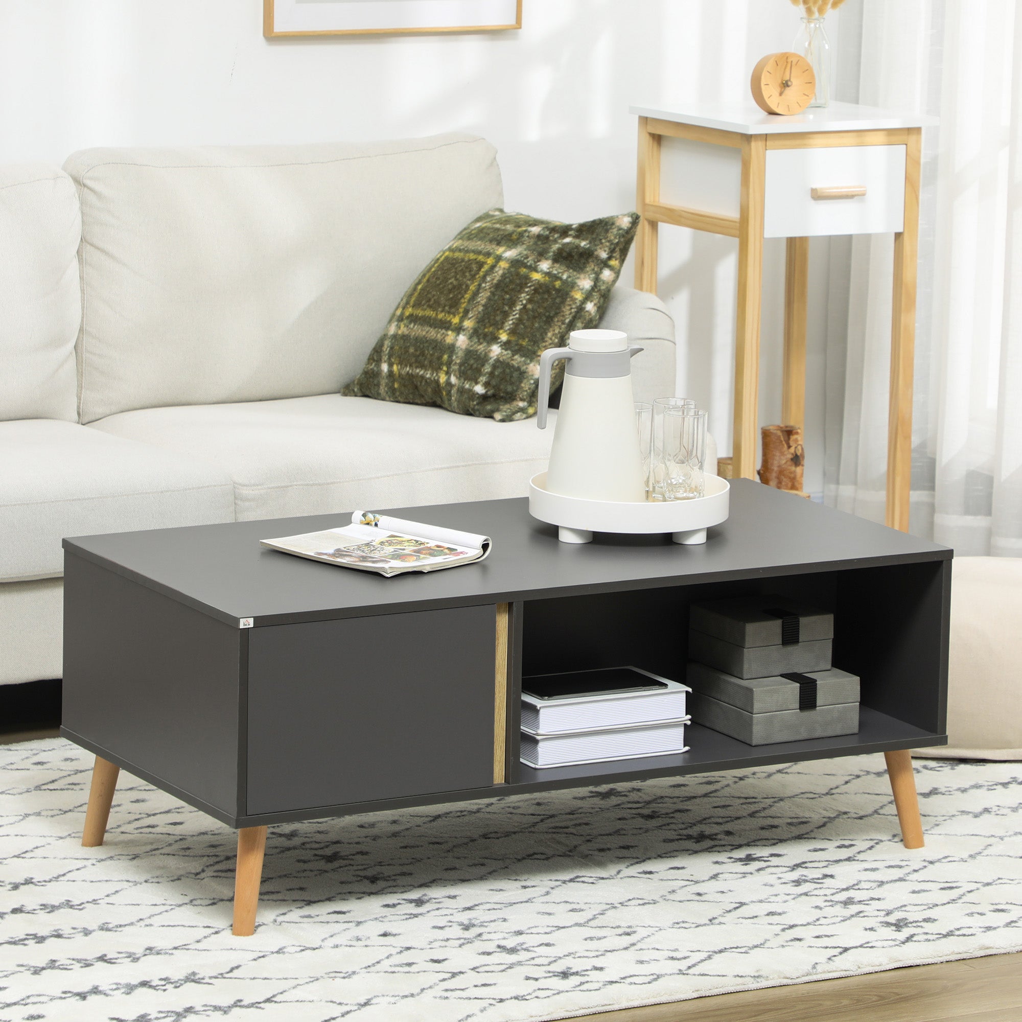 Coffee Table for Living Room, Modern Centre Table with Storage Compartments and Cabinets, Rectangular Side Table, 115x 58x 45cm, Grey