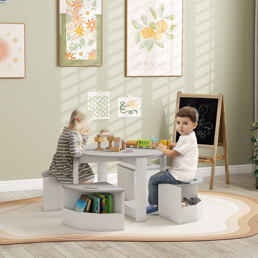 Five-Piece Kids Table and Chairs Set with Storage, for Ages 3-8 Years, Grey