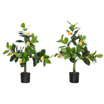 Set of 2 Artificial Plants, Lemon and Orange Tree with Pot, for Home Indoor Decor, 60cm