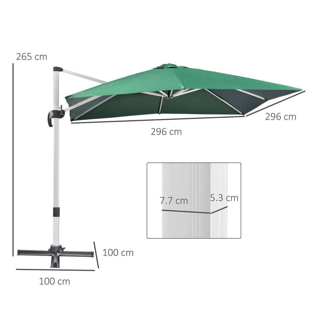 3 x 3(m) Cantilever Roma Parasol, Square Garden Umbrella with Cross Base, Crank Handle, Tilt, 360° Rotation and Aluminium Frame, Green