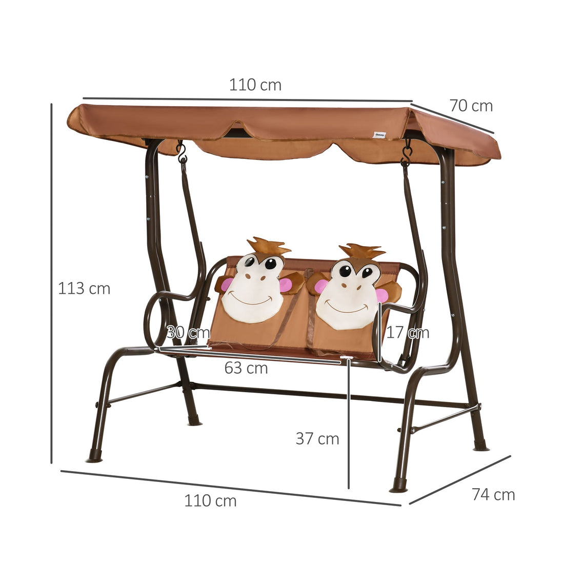 2 Seater Kids Garden Swing Seat, Children Outdoor Patio Lounge Chair for Gardens w/ Adjustable Awning, Seatbelt, Monkey Pattern - Brown