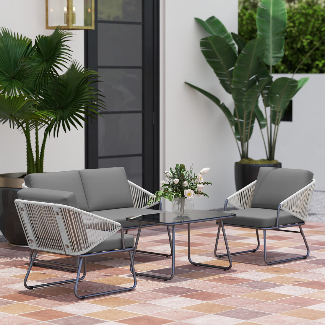 Four-Piece Rattan Strong Panel Outdoor Sofa Set - Grey