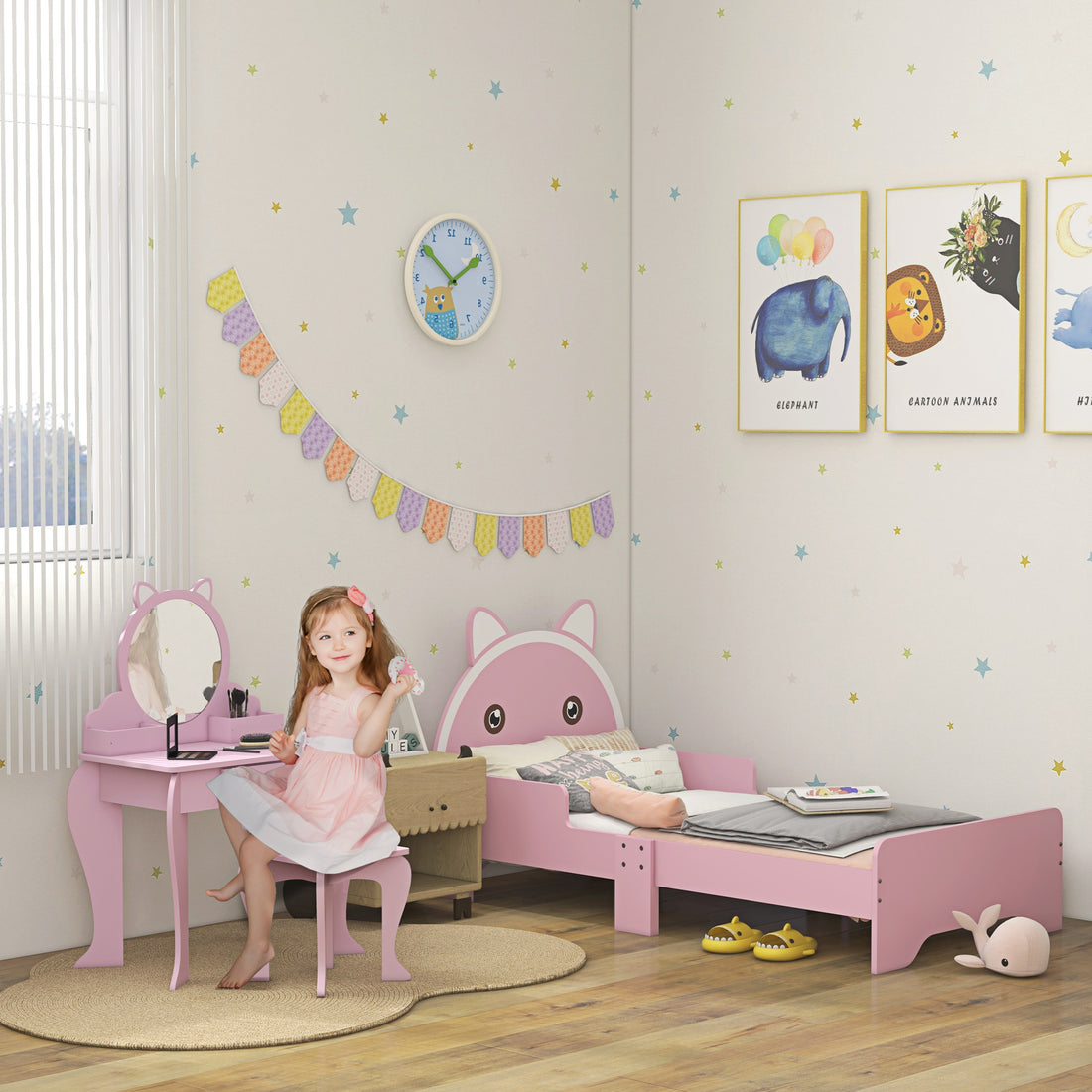 Wooden Kids Bedroom Furniture Set with Kids Dressing Table, Stool, Bed, for 3-6 Years, Cat-Design