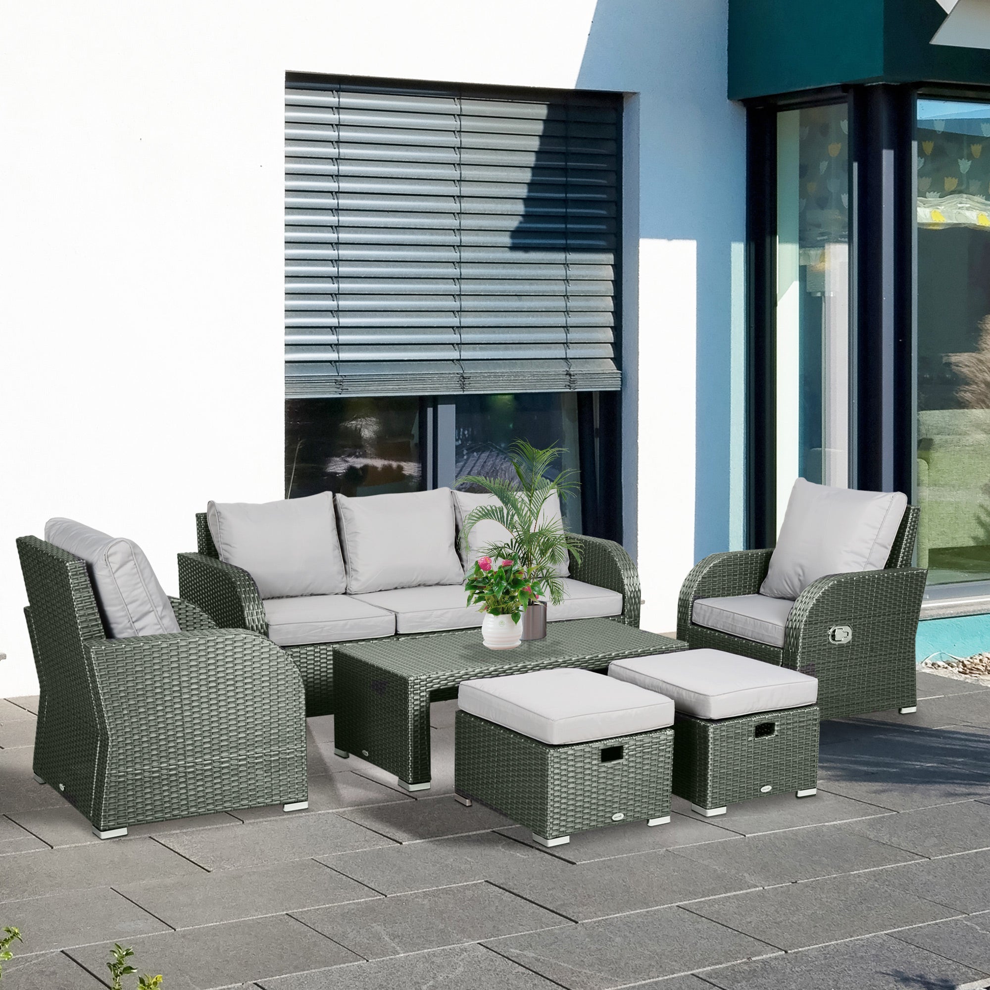 Six-piece Outdoor Rattan Dining Set, Outdoor Sofa Set with Reclining Armchairs and Mental Frame, Grey