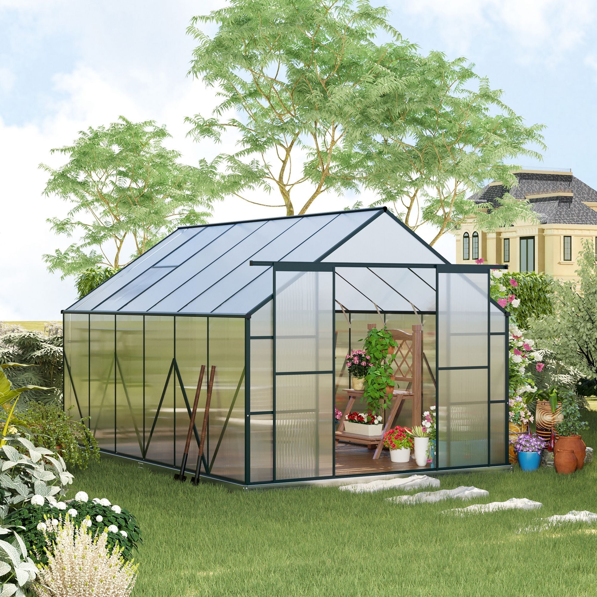 8 x 12ft Aluminium Greenhouse Polycarbonate Walk-in Garden Greenhouse Kit with Adjustable Roof Vent, Double Sliding Door, Rain Gutter and Foundation, Clear
