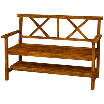 Two-Seater Fir Wood Bench, with Bottom Shelf - Natural