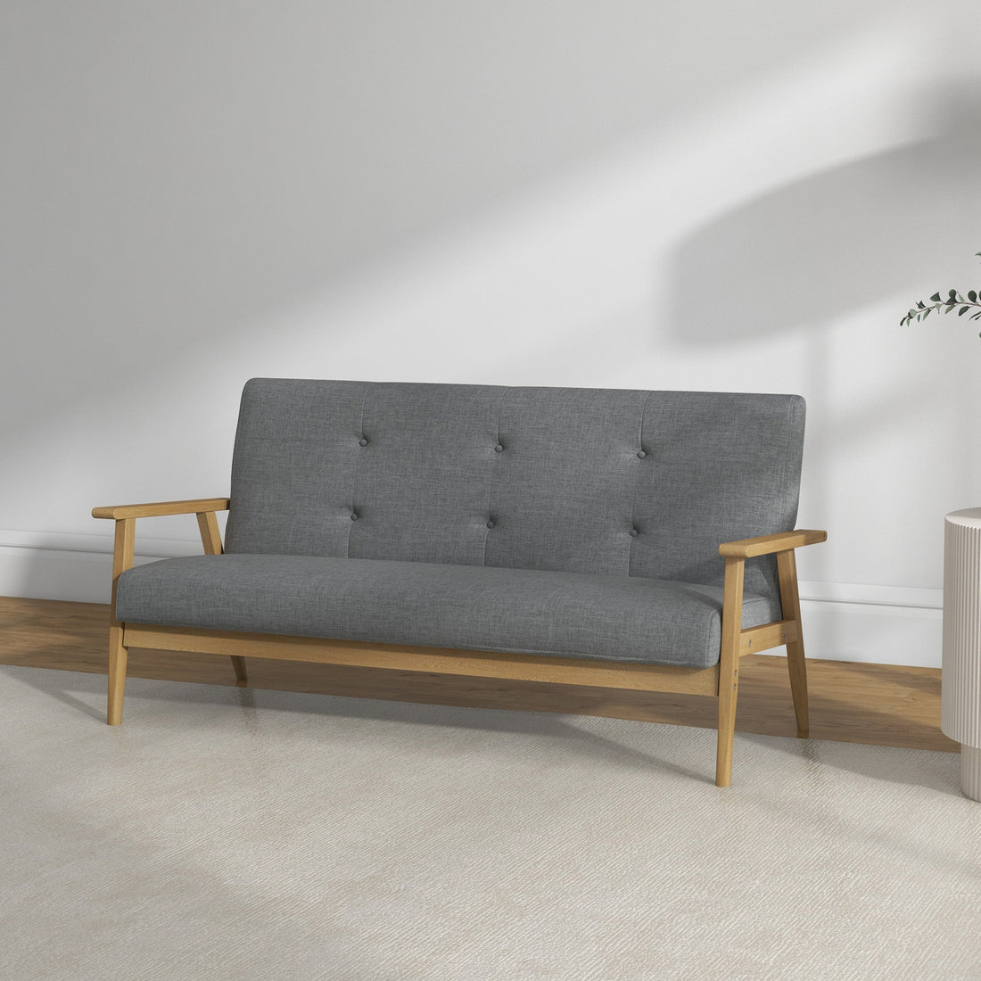 3 Seater Sofa Modern Linen Fabric Upholstery Tufted Couch with Rubberwood Legs for Living Room and Kitchen, 155cm, Dark Grey