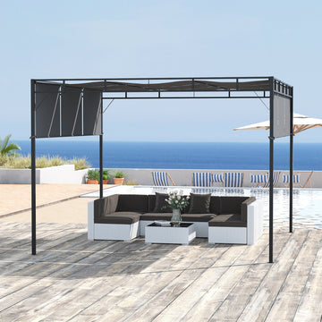 3 x 3(m) Steel Pergola Gazebo with Retractable Roof, Garden Gazebo Canopy Sun Shade Shelter for Outdoor, Deck, Patio, Dark Grey