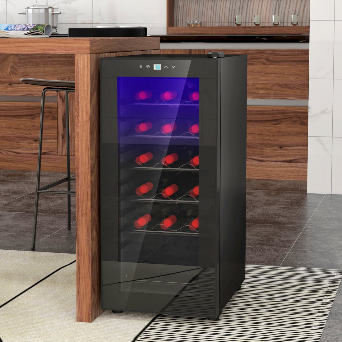 50L Wine Cooler, 18 Bottles, 5-18° Freestanding Wine Fridge with Glass Door, LED Light, Temperature Control and Digital Touch Screen, Black