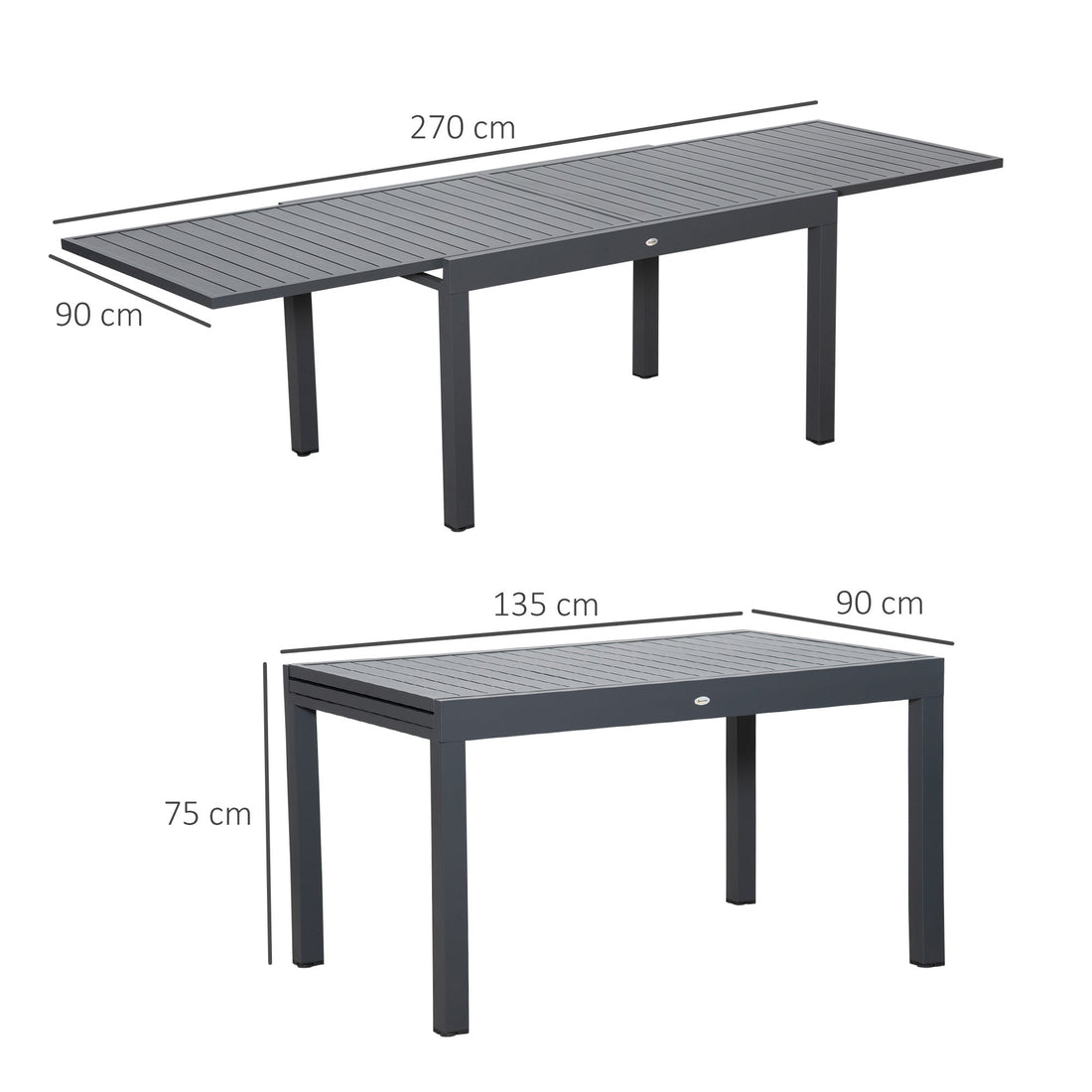 Extendable Garden Table 135-270cm x 90cm x 75cm, 10 Seater Outdoor Dining Table with Aluminium Frame for Lawn, Balcony and Backyard, Grey