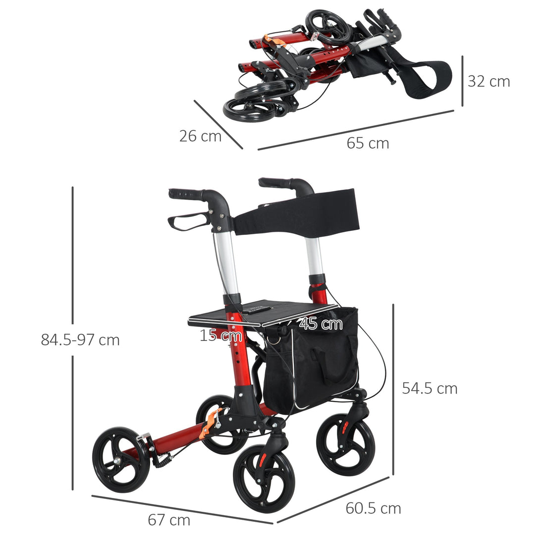 Folding Rollator Walker with Seat and Backrest, Lightweight Walking Frame with Detachable Storage Bag, Dual Brakes, Adjustable Handle Height, 4 Wheeled Walker for Seniors, Handicapped, Red
