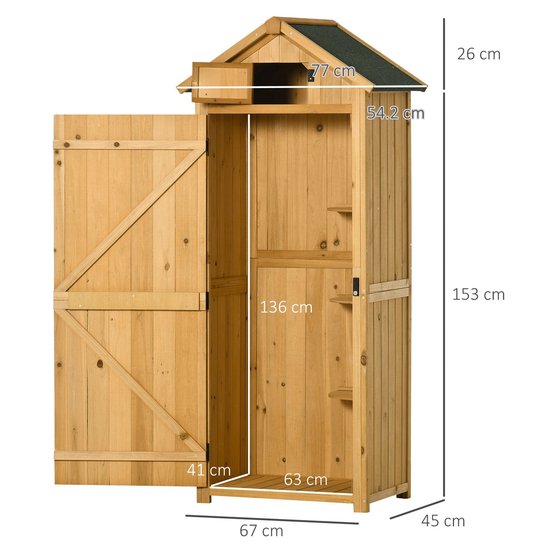 Garden Shed Vertical Utility 3 Shelves Shed Wood Outdoor Garden Tool Storage Unit Storage Cabinet, 77 x 54.2 x 179cm - Brown