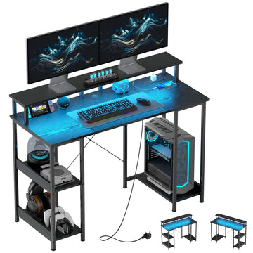 LED Computer Desk, with Power Outlets and Shelves - Black