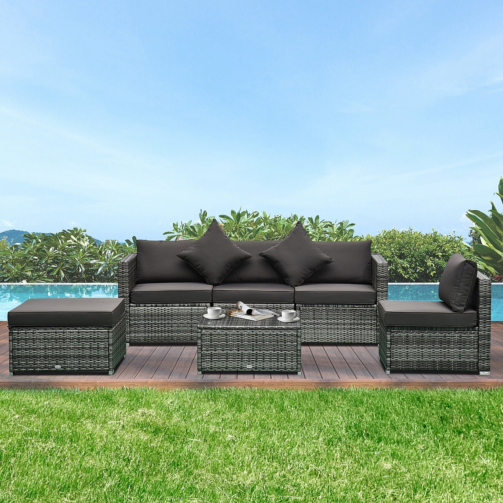 6 Pieces Rattan Garden Furniture Set, 5 Seater Sectional Garden Corner Sofa Set with Glass Top Coffee Table, Cushions and Pillows, All-Weather Wicker Conversation Furniture, Grey